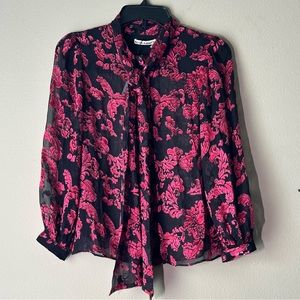 Alice + Olivia Jeannie Tie Neck Viscose/Silk Top Blouse Pink & Black NWT Size XS